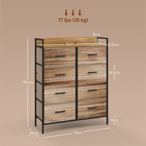 Rootz Furniture Rangement 8 Drawer Chest - Fabric Storage - Steel Frame - Durable & Stable - 79L x 29W x 101H cm