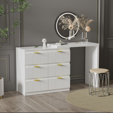 Rootz Dressing Table with Side Table - Vanity Desk - Bedroom Storage - Rotating Top, 6 Drawers, Gold-Plated Handles - 160.2L×40W×76.5Hcm