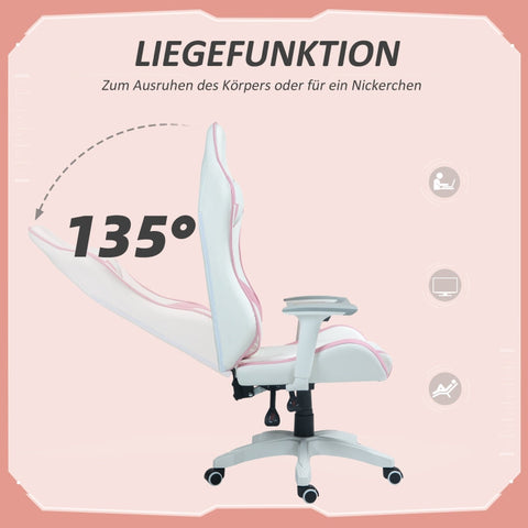 Rootz Gaming Chair Racing Design - Ergonomic Gaming Chair - Adjustable Height Chair - Faux Leather - 67W x 60D x 120-128H cm - Pink/White