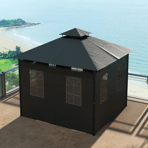 Rootz Garden Gazebo - Pavilion Party Tent - Two-story Roof - Air Circulation - Metal-polyester - Black+dark Gray - 2.95L x 2.95W x 2.85H m