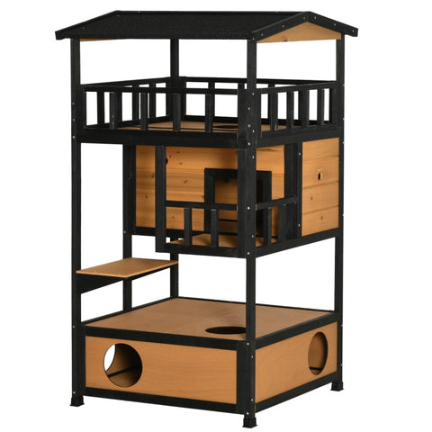 Rootz Outdoor Cat House - Weather Resistant Cat Shelter - Durable Multi-Level Cat Condo - 75.5cm x 75cm x 137cm - Fir Wood & Asphalt Roof - Yellow