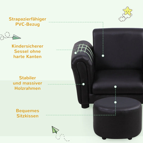 Rootz Children's Armchair with Footstool - Mini Sofa - Kids Lounge Chair - Comfortable Seating - Safe Design - Durable and Stable - 54cm x 42cm x 41cm (Sofa), 26cm x 26cm x 18cm (Stool)