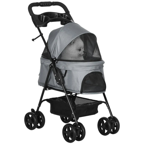 Rootz Dog Stroller - Pet Stroller - Foldable Cat Dog Pushchair - Pet Travel Carriage with 4 Wheels - Adjustable Canopy - Safety Leashes - Storage Basket - Grey - 67 x 45 x 96 cm