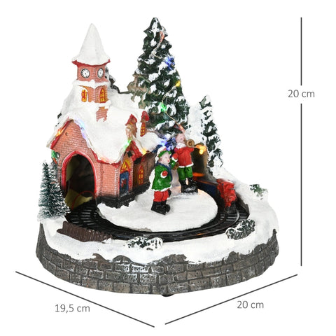 Rootz Christmas Village Decor - LED Illuminated Holiday Scene - Church, Trees, Moving Train - 12 Built-in Lights and 8 Songs - 20cm x 19.5cm x 20cm