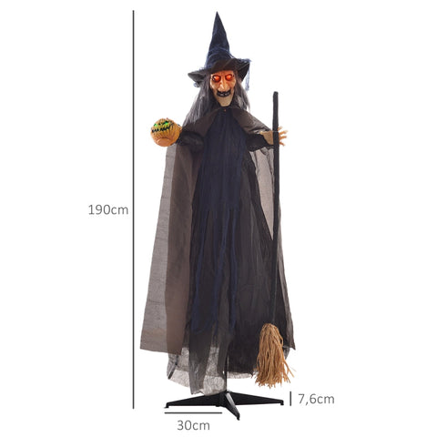 Rootz Animated Halloween Decoration - Witch on Broomstick - Spooky Prop - Glowing Eyes - Pumpkin - 107cm x 65cm x 190cm