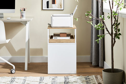 Rootz Printer Table - Office Table - Stand with Drawer - 41kg Resilience - 40x65x50cm - PB (E1) - Aesthetic Filing Cabinet with Hidden Wheels