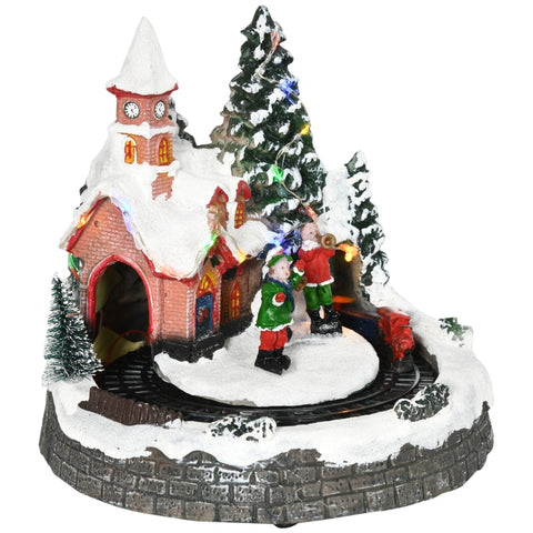 Rootz Christmas Village Decor - LED Illuminated Holiday Scene - Church, Trees, Moving Train - 12 Built-in Lights and 8 Songs - 20cm x 19.5cm x 20cm