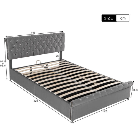 Rootz Upholstered Bed - Velvet Bed Frame - Height Adjustable Headboard - Hydraulic Storage - 223cm x 149cm x 91.5-96.5cm - Gray