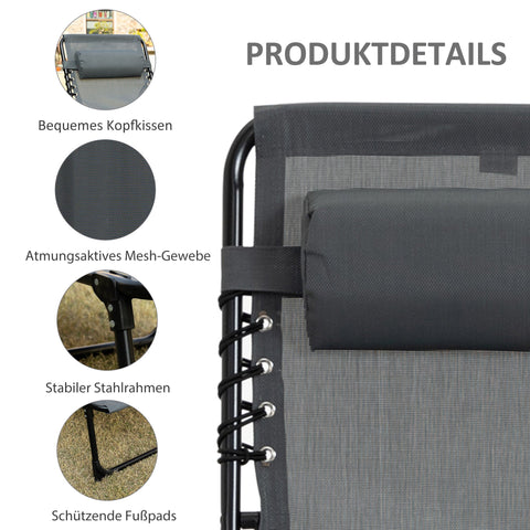 Rootz Deck Chair - Folding Lounger - Outdoor Recliner - With Neck Pillow - 185cm x 58cm x 30cm - Supports 120kg - Steel Frame, Mesh Cover, Grey