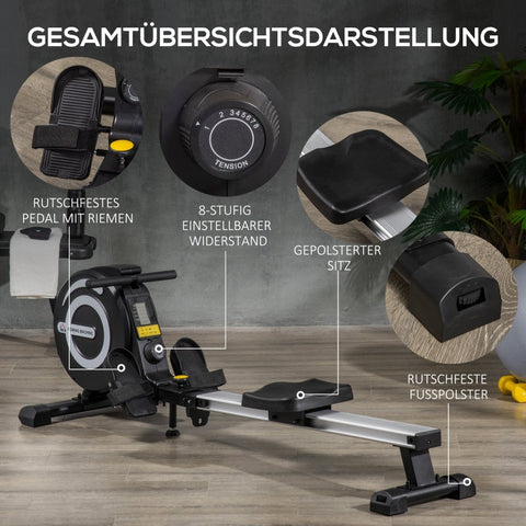 Rootz Foldable Rowing Machine - Magnetic Resistance - Home Workout Equipment - LCD Display - Adjustable Seat - 185cm x 58cm x 57cm