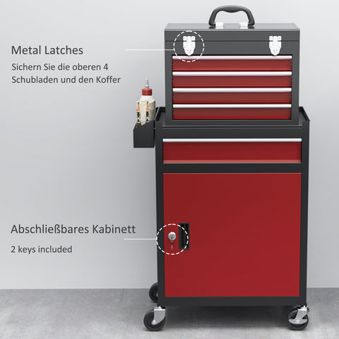 Rootz Rollable Tool Cabinet - Workshop Trolley - Tool Storage Chest - Lockable Metal Design - 45L x 24W x 33H cm, 60L x 28W x 72H cm