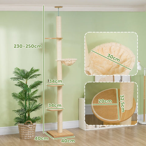 Rootz Floor-to-Ceiling Cat Tree - Cat Tower - Scratching Post - Adjustable Height - Wood Material - 40cm x 40cm x 230-250cm