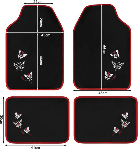 Rootz Universal Car Floor Mats Set - Non-Slip Automobile Rug - Butterfly Embroidery Pattern - Water-Repellent - 43cm x 66cm & 41cm x 30cm