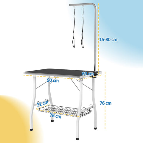 Rootz Dog Grooming Table - Grooming Station - Pet Care Table - Adjustable Arm - Non-Slip - 90 x 60 x 76 cm - Black-White