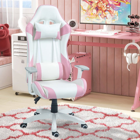 Rootz Gaming Chair Racing Design - Ergonomic Gaming Chair - Adjustable Height Chair - Faux Leather - 67W x 60D x 120-128H cm - Pink/White