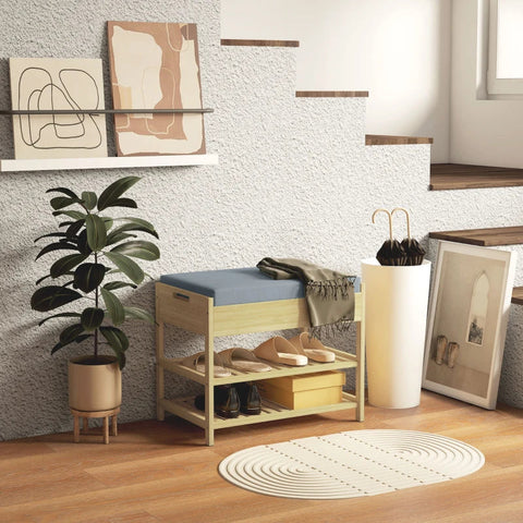 Rootz Schoenenrek - 2 Planken - Zitkussen - Bamboe - Grijs + Naturel - 55 cm x 35 cm x 46 cm