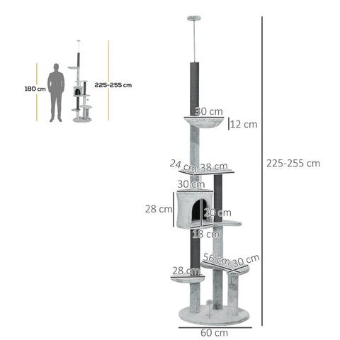 Rootz Cat Tree - Floor to Ceiling Scratching Post - Climbing Tower - Hammock - Cat House - Velvet Cover - Height Adjustable - Gray - Ø60 x 225-255H cm