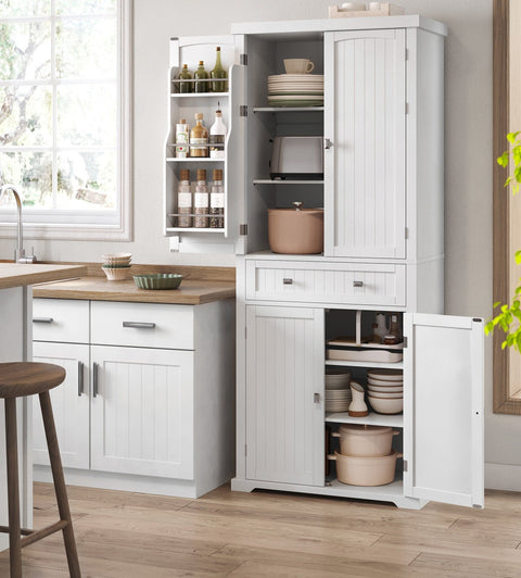 Rootz White Kitchen Cupboard - Pantry Cabinet - Shelves & Drawers - MDF - 40cm x 76cm x 182.1cm - Maximum Load 27kg - Assembly Required