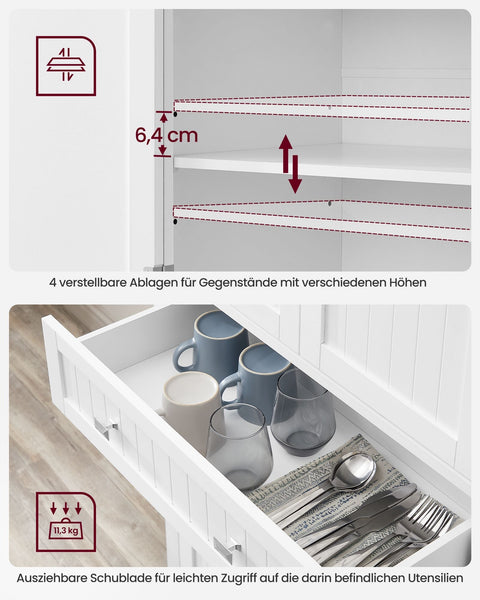 Rootz White Kitchen Cupboard - Pantry Cabinet - Shelves & Drawers - MDF - 40cm x 76cm x 182.1cm - Maximum Load 27kg - Assembly Required