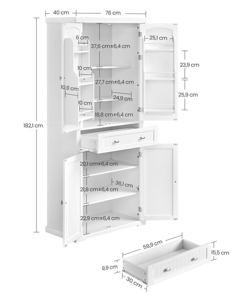 Rootz White Kitchen Cupboard - Pantry Cabinet - Shelves & Drawers - MDF - 40cm x 76cm x 182.1cm - Maximum Load 27kg - Assembly Required