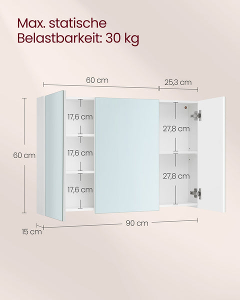 Rootz Wall Cabinet Mirror - Bathroom Storage Unit - Adjustable Shelf - Space-Saving - 15cm x 90cm x 60cm