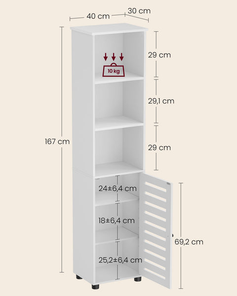 Rootz Tall Cabinet with 3 Open Compartments - Storage Organizer - Cloud White - 30cm x 40cm x 167cm - 20kg - Stylish and Functional