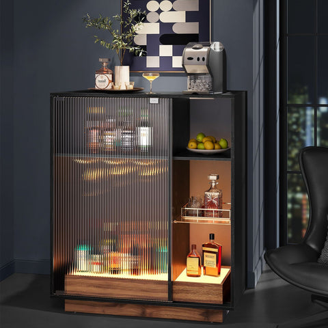 Rootz Wine Cabinet - Liquor Cabinet - Bar Cabinet - Particle Board - Ribbed Glass - Ultra-Clear Glass - 42cm x 88cm x 105cm