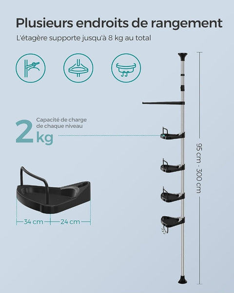 Rootz Shower Shelf Height Adjustable 95-300cm - Stainless Steel - Black and Silver - 304 Stainless Steel - Adjustable Height - 24cm x 34cm x (95-300)cm