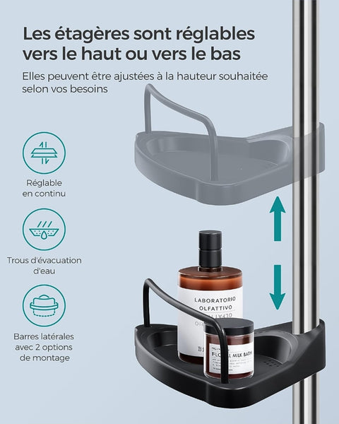 Rootz Shower Shelf Height Adjustable 95-300cm - Stainless Steel - Black and Silver - 304 Stainless Steel - Adjustable Height - 24cm x 34cm x (95-300)cm