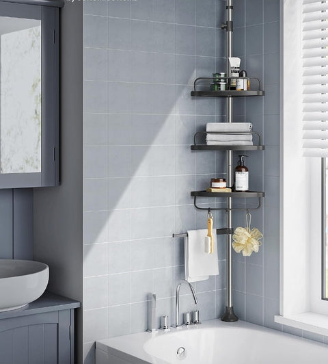 Rootz Shower Shelf Height Adjustable 95-300cm - Stainless Steel - Black and Silver - 304 Stainless Steel - Adjustable Height - 24cm x 34cm x (95-300)cm