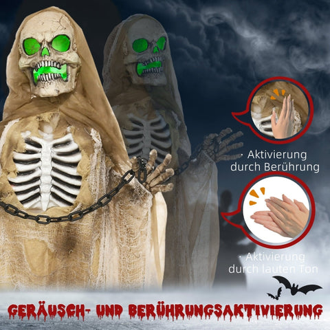 Rootz Animated Halloween Decoration - Hanging Skeleton - Twistable Arms - Touch & Sound Activation - Glowing Head & Chest - 70cm x 18cm x 183cm