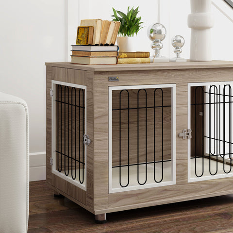 Rootz Indoor Dog Cage Side Table - Dog Kennel - Pet Crate - Double Door & Cushion - 90cm x 58cm x 65cm