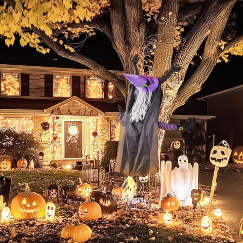 Rootz Flying Witch Halloween Decoration - Spooky Witch Prop - Hanging Witch Figure - Ideal for Haunted Houses - 90cm x 34cm x 170cm