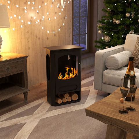 Rootz Ethanol Fireplace - Free-Standing - Bioethanol Heater - 3h Burning Time - Up to 25 m² - Compartment for Firewood - 43cm x 25cm x 68cm - Steel & Stainless Steel