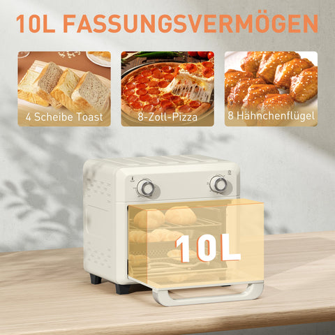 Rootz 10L Mini Convection Oven - Air Fryer - Touchscreen Cooker - Less Oil Cooking - 32 cm Weight x 27.2 cm Depth x 29.8 cm Height - White & Silver