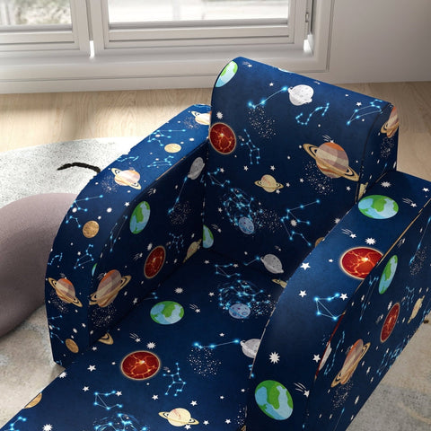 Rootz Kids Foldable Armchair - Children's Sofa - Cozy Bed - Multifunctional - Planet Pattern - Easy to Clean - Blue - Foam/Polyester - 46.5cm x 93cm x 28.5cm