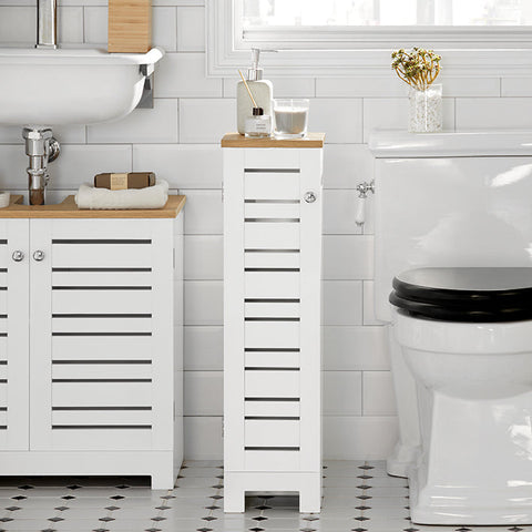 Rootz Narrow Toilet Paper Cabinet - Bathroom Storage - Space Saver - MDF Construction - Mold Resistant - Air-Permeable Slats - 20cm x 79cm x 18cm