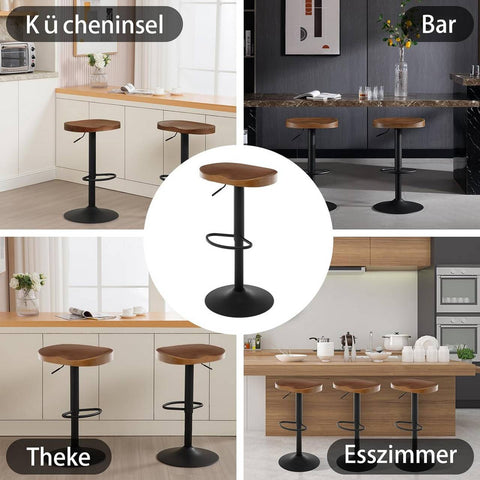 Rootz Wooden Bar Stool - Kitchen Island Stool - Solid Wood Seat - Height Adjustable - Rotatable - Ergonomic Footrest - φ 41cm - Brown - Rust-Proof - 41.5cm x (60-81cm) x 31.5cm