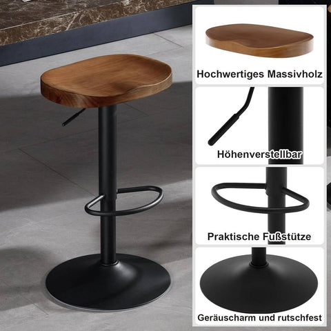Rootz Wooden Bar Stool - Kitchen Island Stool - Solid Wood Seat - Height Adjustable - Rotatable - Ergonomic Footrest - φ 41cm - Brown - Rust-Proof - 41.5cm x (60-81cm) x 31.5cm