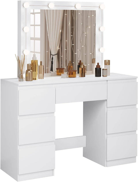 Rootz White Dressing Table - Vanity Desk - Makeup Table - Adjustable LED Lighting - Ample Storage - Durable Design - 110cm x 140.5cm x 39.5cm