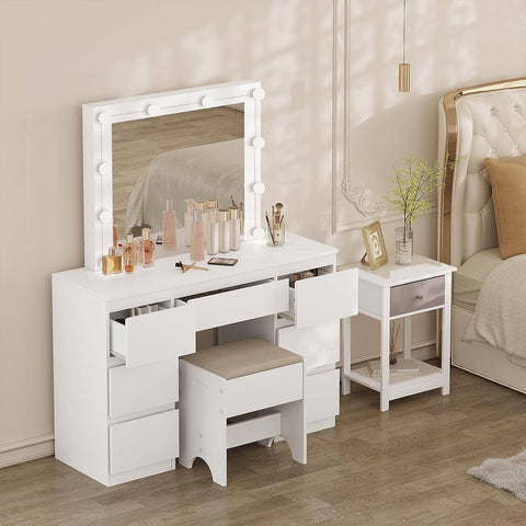 Rootz White Dressing Table - Vanity Desk - Makeup Table - Adjustable LED Lighting - Ample Storage - Durable Design - 110cm x 140.5cm x 39.5cm