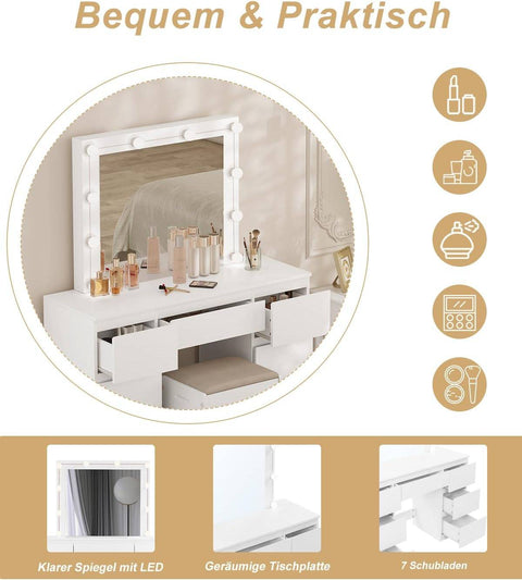 Rootz White Dressing Table - Vanity Desk - Makeup Table - Adjustable LED Lighting - Ample Storage - Durable Design - 110cm x 140.5cm x 39.5cm