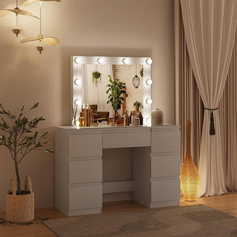 Rootz White Dressing Table - Vanity Desk - Makeup Table - Adjustable LED Lighting - Ample Storage - Durable Design - 110cm x 140.5cm x 39.5cm