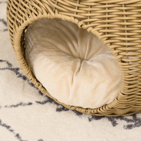 Rootz 2 Level Cat House - Cat Basket - Cat Cave - Cozy Retreat - Ø 40 x 30 cm - Brown Resin Rattan with Soft Cushion