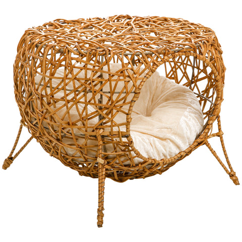 Rootz Cat Cave - Cat Bed - Cat House - Rattan Cat Basket - Soft Cushion - Ø 40 x 32 cm - Brown - Stylish & Comfortable Resting Spot