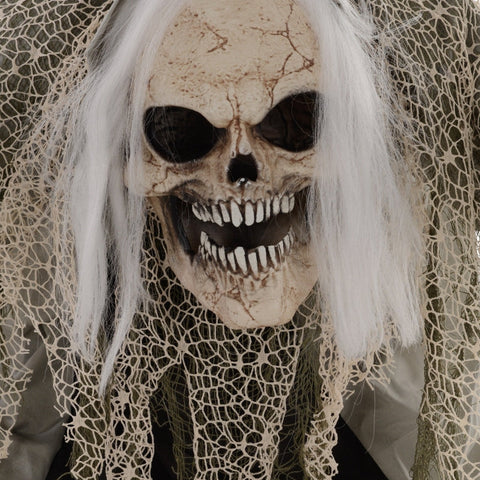 Rootz Animated Halloween Decoration - Skeleton Ghost - Bendable Arms - Green Glowing Head - Eerie Howls - 65cm x 30cm x 160cm
