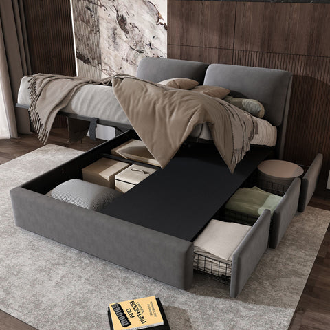 Rootz Upholstered Bed - Velvet Bed - Storage Bed - Hydraulic Storage & 3 Drawers - 210L x 141W x 102H cm - Grey