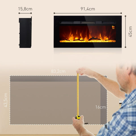 Rootz Wall-Mounted Electric Fireplace - Indoor Heater - Artificial Firewood - Adjustable Heat 1800W - 91.4cm x 15.8cm x 45cm