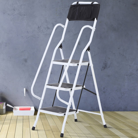 Rootz Folding Steel Stair Ladder - Step Ladder - Multi-Purpose Ladders - Integrated Tool Bag - 51cm x 66cm x 31cm, 150kg Load, 1.31m Height