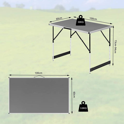 Rootz Aluminum Folding Camping Table - Portable Outdoor Table - Adjustable Height - Lightweight - Easy to Clean - 60cm x 100cm